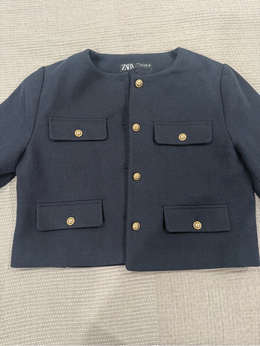 Zara Navy Textured Cropped Blazer with Gold Buttons